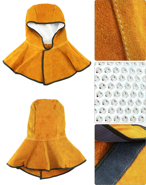 Front and detail views of Leather Welding Hood Caps With Neck Drapes And Fireproof Shoe Covers For Welding Safety Boots Head And Foot Protection Gear