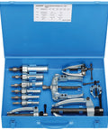 Inner And Outer Puller Set In A Handy Tin Box, 11 Piece Kit With Internal Extractors, Counter Supports, External Pullers And Stud Extractors, Handles 12 To 46 Mm Inside And Up To 90 Mm Outside, Professional Automotive Quality in blue open tin box