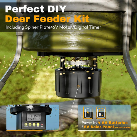 Diy Deer Feeder Kit With Digital Timer And Spinner Motor. Small Size Hunting Feeder Compatible With Buckets. Includes Adjustable Arms And Solar Port. Perfect For Chicken Or Game Feeding Outdoors In The Wild.