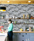 Modern kitchen with Gray Brick Peel And Stick Wallpaper With Realistic 3D Texture Self Adhesive Removable Contact Paper For Kitchen.