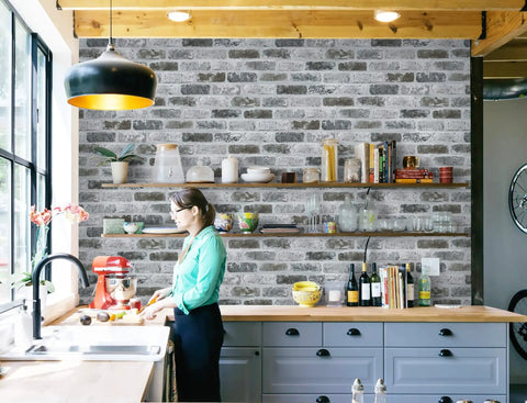 Modern kitchen with Gray Brick Peel And Stick Wallpaper With Realistic 3D Texture Self Adhesive Removable Contact Paper For Kitchen.
