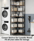 L Shaped Industrial Corner Bookshelf With Six Tier Storage For Living Room And Office, Sturdy Metal Frame And Particle Board