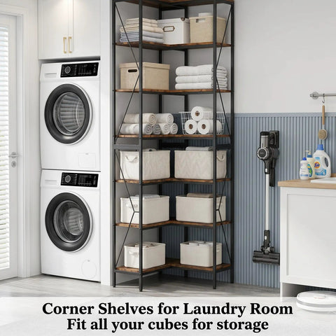 L Shaped Industrial Corner Bookshelf With Six Tier Storage For Living Room And Office, Sturdy Metal Frame And Particle Board