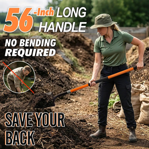 Woman using Beastly Heavy Duty Steel Digging Shovel with Fiberglass Handle, 56 Inch Long, Large Blade, Rust Resistant Coating for Tough Outdoor Dirt Work, Great for Gardening, Landscaping and Construction