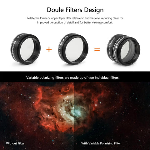 Double filters design showing One And A Quarter Inch Variable Grey Polarizing Telescope Filter for clear space viewing and reduced glare.