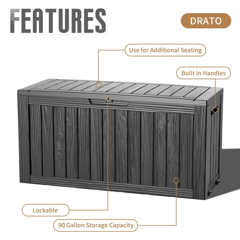 90 Gallon Outdoor Deck Box With Wheels Lockable Waterproof Weatherproof Resin Storage Chest, black, shown with handles and seating use.