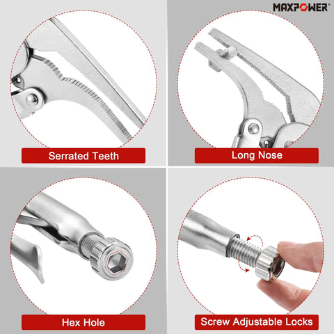 Close-up details of Two Pack 90 Degree Offset Long Nose Locking Pliers Set 7 Inch And 11 Inch Heavy Duty Locking Pliers features