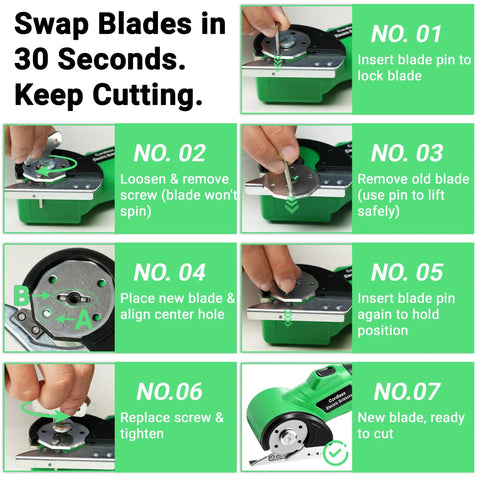 4V Cordless Electric Scissors Rechargeable Box Cutter With 2000mAh Battery Blade swapping instructions with visuals and numbered steps.