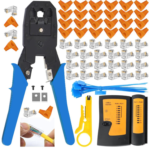 Real Deal Network Workhorse Kit Featuring Snap Test Cable Stripper And Heavy Duty Punch Down Crimper For Rj45 Cat5 Cat6 Lines Built Like A Tank In Classic Blue with crimp tool and cable tester.