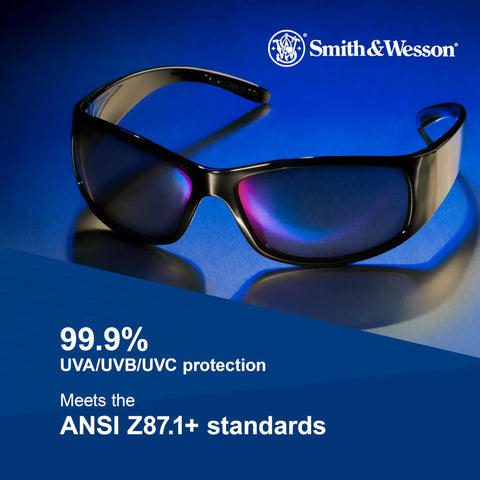 Lightweight Unisex Safety Glasses With Smoke Lenses And Black Frame For Men And Women Alike With Ninety Nine Point Nine Percent UVA UVB UVC Eye Protection For Outdoor Work And Shooting