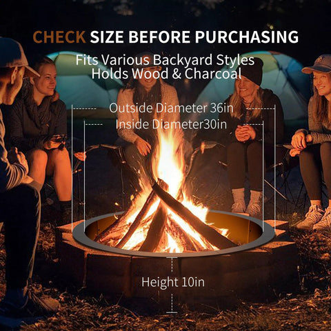 Smokeless Fire Pit Ring Insert for Outdoor Use Heavy Duty Metal Round Ring With 30 Inch Inner Diameter and 36 Inch Outer Diameter Durable Fire Ring for Wood Burning Black Finish with people sitting around a campfire at night.