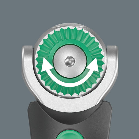 Close-up of Zyklop Pocket Ratchet Set Imperial 1 With Integrated Bit Magazine, 13-Piece Kit, showing green ratchet gear mechanism