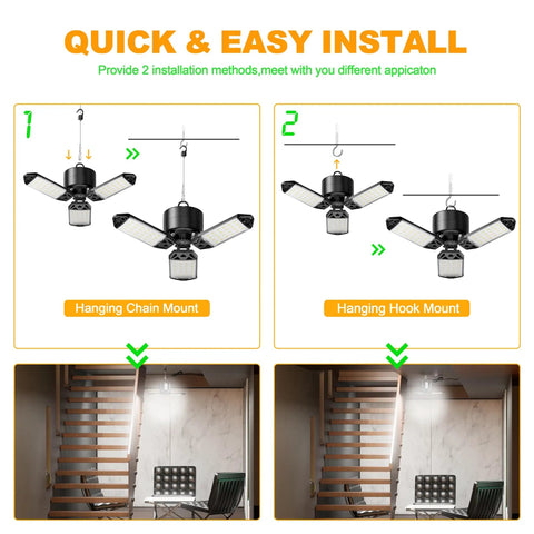 80W LED Garage Light Plug In 2 Pack 8000LM Ceiling Shop Lights With Deformable Panels installation methods