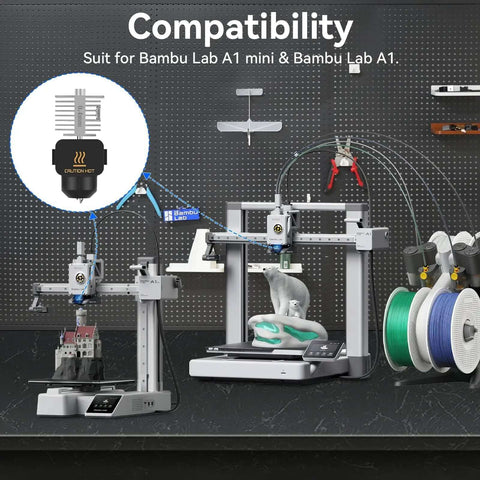 All Metal 0.4mm Stainless Steel Hotend Upgrade For A1 And A1 Mini 3D Printers showing compatibility with 3D printers.