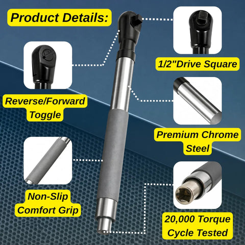 Right Angle Offset Extension Wrench Set For Tight Spots With Socket Adapters For Drills And Impact Wrenches, Ratchets And Manual Tools, Automotive Repair Kit That Reaches Behind Engines, Plumbing And Machinery, shown with non-slip grip and chrome steel.
