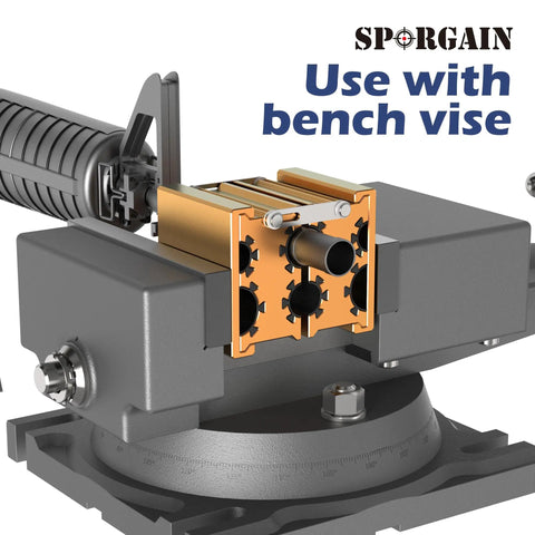 Heavy Duty Universal Barrel Clamp Collets With Four Openings For Round Tubes.550 To.920 Inches Aircraft Grade Aluminum in bench vise