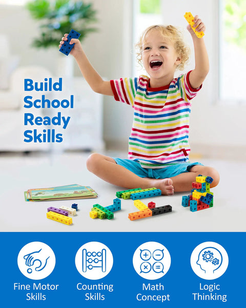 Child playing with Hands On Math Manipulatives Kit For Kids Ages 3 To 8 With 100 Colorful Counting Cubes and activity cards.