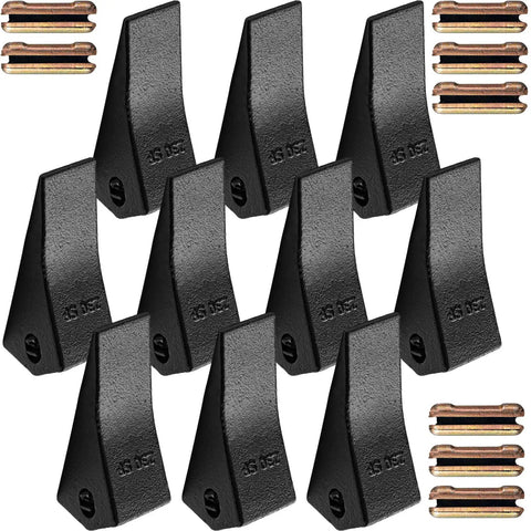 Ten Pack 230SP Backhoe Skid Bucket Teeth With Pins For Mini Excavators Replacement Kit Fits Case Deere And More Durable Heavy Duty Excavator Tooth Set Ready To Install, showing 10 black teeth and pins.