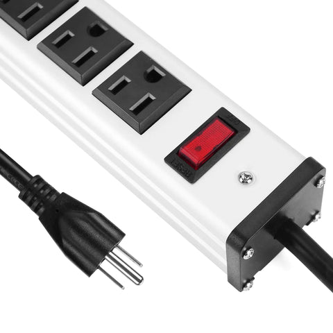 Close-up of Beefy 16 Outlet Heavy Duty Power Strip With 15 Foot Extension Cord Metal Build Circuit Breaker ETL Certified