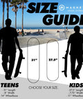 Size guide for teen and kids skateboards with silhouettes holding boards, 31-inch for teens and 27.5-inch for kids.