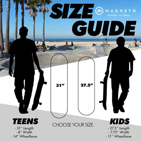 Size guide for teen and kids skateboards with silhouettes holding boards, 31-inch for teens and 27.5-inch for kids.