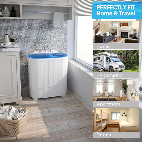 Compact Electric Washer And Dryer Combo Featuring Separate Wash And Spin Bins, No Sweat Gravity Drain, Easy As Pie Timer Controls, Quick Fresh Clean Gear, Perfect Spot For RV Setups, College Dorms, And Small Apartments in modern kitchen.