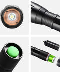 Detailed view of Two Pack Ultra Bright 1000 Lumen LED Flashlights, showing zoomable beams, waterproof design, and included AAA battery setup.
