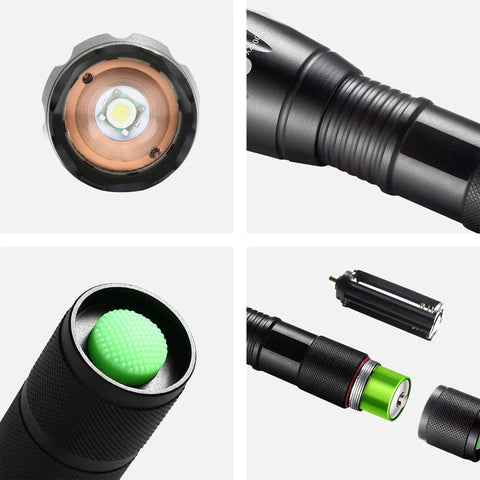 Detailed view of Two Pack Ultra Bright 1000 Lumen LED Flashlights, showing zoomable beams, waterproof design, and included AAA battery setup.