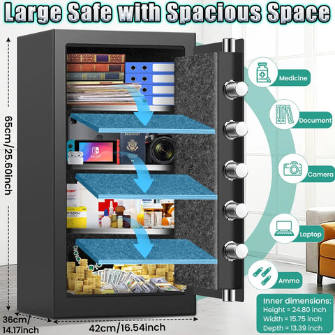 6.5 Cu Ft Fireproof Waterproof Home Safe With Combination Lock Anti Theft Alarm Removable Shelf open displaying contents