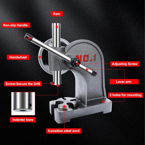 Premium Quality Hella Durable 1 Ton Manual Arbor Press With Comfort Grip Handwheel For Precision Metal Stamping And Heavy Duty Bending close-up view with detailed parts labeled.