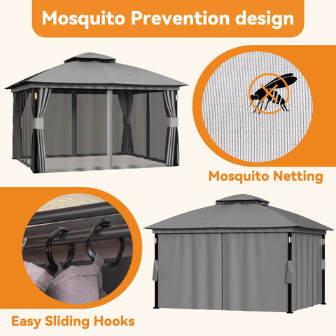 Backyard Party Ready 11x13 Foot Outdoor Gazebo With LED Lights And Bluetooth Speaker Heavy Duty Metal Frame Double Roof Layer Soft Top Canopy with mosquito netting and easy sliding hooks