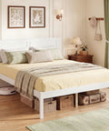 Full Size Wood Bed Frame With Headboard, Mid Century Modern Platform Bed Delivering Chill Vibes, Wooden Slat Support, Stack Extra Bedding In Roomy Underbed Storage, Straight Up Solid Foundation, Bright White Finish, Zero Box Spring Required in cozy bedroom setting.