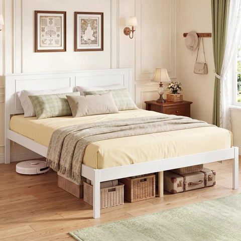 Full Size Wood Bed Frame With Headboard, Mid Century Modern Platform Bed Delivering Chill Vibes, Wooden Slat Support, Stack Extra Bedding In Roomy Underbed Storage, Straight Up Solid Foundation, Bright White Finish, Zero Box Spring Required in cozy bedroom setting.