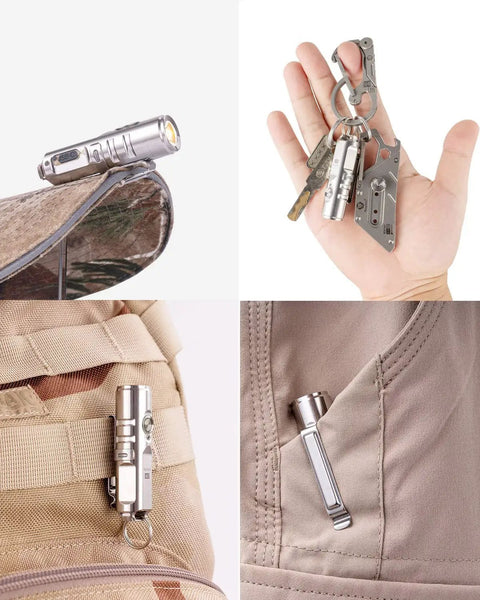 650 Lumens USB Rechargeable Keychain Flashlight Ultra Bright Mini EDC Light in hand, on bag, and pocket placements