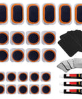 Portable Bike Tire Patch Kit For Punctures With 24 Vulcanizing Patches And Sandpaper Rasp Shown With Glue And Tools