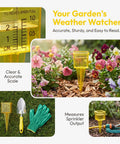 Four Pack Outdoor Rain Gauge With Wide Mouth 1.5 Inch Markings Ground Stake Yard Garden Sprinkler Irrigation Tool Easy Rainfall Readout For Lawn Care Pros High Visibility Yellow Weather Instrument close-up scale in garden