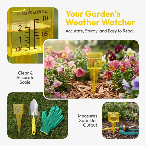 Four Pack Outdoor Rain Gauge With Wide Mouth 1.5 Inch Markings Ground Stake Yard Garden Sprinkler Irrigation Tool Easy Rainfall Readout For Lawn Care Pros High Visibility Yellow Weather Instrument close-up scale in garden