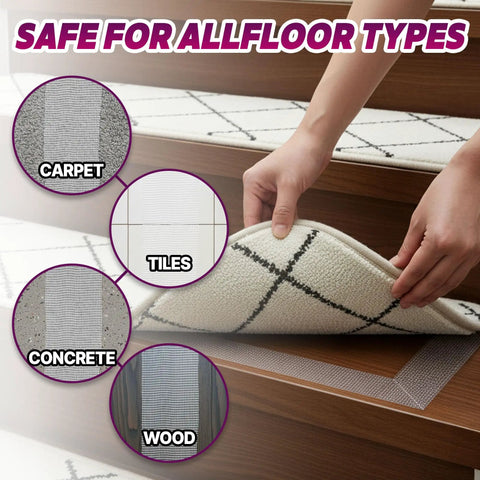 Placing Double Sided Stair Tread Tape 2 Inch By 20 Yard Heavy Duty Non Slip Rug Gripper onto hardwood steps for stability