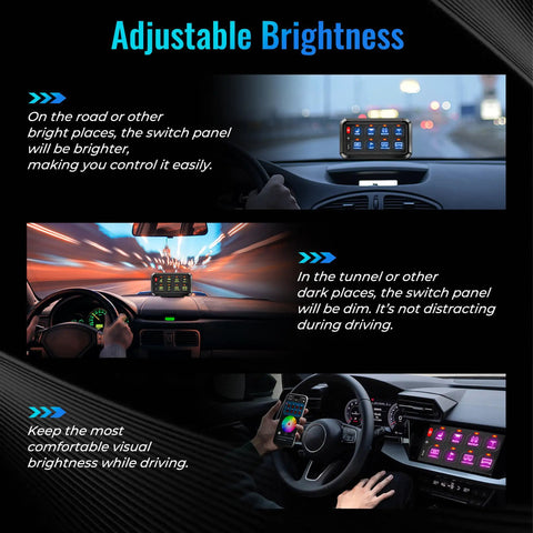 RGB Eight Gang Switch Panel For 12 24V Automotive Systems With Bluetooth App Control And 230 Foot 433MHz Long Range with display in car