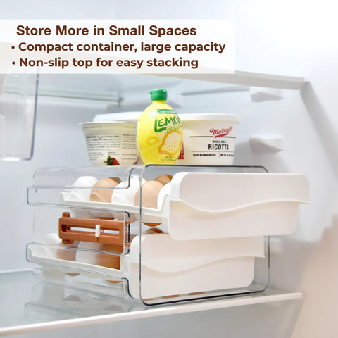 Egg Holder For Refrigerator With 40 Egg Capacity Two Tray Plastic Design Includes Time Tracker Brush And Nonslip Lid Top No Fuss To Stack And Organize Your Fridge with items inside refrigerator