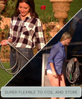 Two women using Heavy Duty Yet Lightweight Metal Garden Hose Lite 50 Ft Kink-Proof Stainless Steel in garden and RV storage