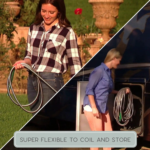 Two women using Heavy Duty Yet Lightweight Metal Garden Hose Lite 50 Ft Kink-Proof Stainless Steel in garden and RV storage