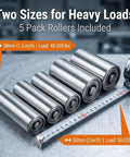 Stainless Steel Conveyor Rollers, 2 Inch Dia By 12 Inch Long, 5 pack heavy duty rollers with varying load capacities on metal surface.