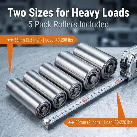 Stainless Steel Conveyor Rollers, 2 Inch Dia By 12 Inch Long, 5 pack heavy duty rollers with varying load capacities on metal surface.