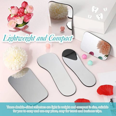 Five Piece Pro Grade Dental Mirror Kit With Five Unique Shapes For Intraoral Photography And Oral Inspection And Health Checks Double Sided Plated Glass Mirrors Includes Black Drawstring Bags Ideal For Clinic Dentist Office Or Home Use, lightweight compact mirrors