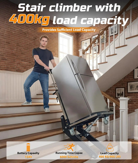 Top Shelf 1200W Electric Stair Climbing Hand Truck With Upgraded Rubber Tracks, Heavy Duty Lithium Battery Trolley That Hauls 900 Lbs on stairs with refrigerator.