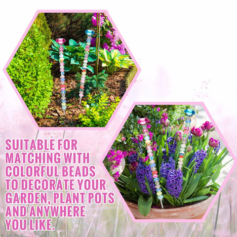Colorful beaded garden stakes using stainless steel 4mm threaded rods with hex nuts set for support.