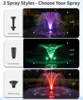 Floating Fountain And Aerator All In One Kit With LED Lights showing three spray styles in a pond; double, trumpet, and diffused.
