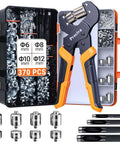 All In One Grommet Tool Kit With Four Jaw Sizes One Half Inch One Quarter Inch Five Sixteenths Inch Three Eighths Inch For Quick Change Eyelet Setting Includes 370 Grommets Handheld Pliers For Tarps Tents Canvas Vinyl Leather Craft Projects DIY Friendly shown with grommets and tools in case; focus on pliers and interchangeable jaws.