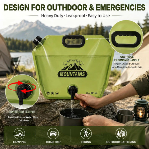 Person using Two Pack Collapsible Water Jug For Camping And Hiking, 2 Gallon Leakproof Water Container With Spout in mountain setting